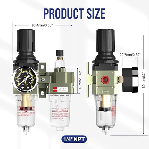 NPT 1/4 Air Regulator with Gauge,Air Compressor Water Separator with Accessories,Pneumatic Compressed Air Filter Pressure Oil Trap(AC2010-02)