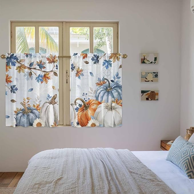 Fall Blue Maple Kitchen Curtains 54 Inch Long 2 Panel Set,Rod Pocket Window Curtains Panels,Thanksgiving Pumpkins Daisy Country Leaves Light Filtering Privacy Draperies for Bedroom Laundry 42"W x 54"L