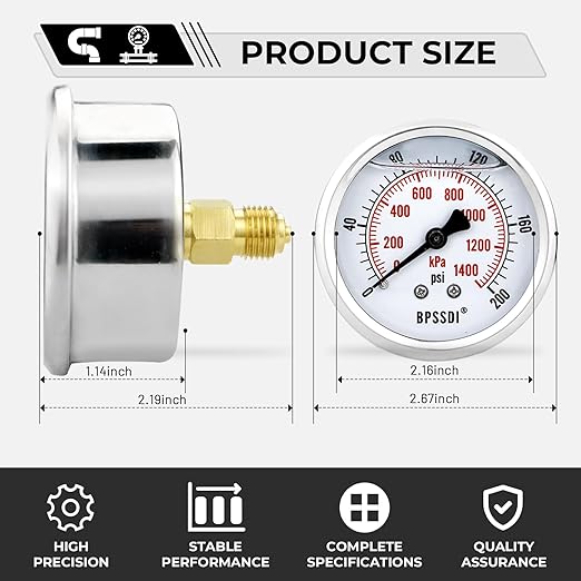 0-200 Psi Glycerin Liquid Filled Low Pressure Gauge, 2.5" Dial Size, 1/4" G Back Mount, 304 Stainless Steel Case, for Water Pipe, HVAC, Water Oil Air Pressure Test