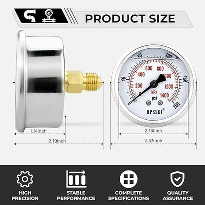 0-200 Psi Glycerin Liquid Filled Low Pressure Gauge, 2.5" Dial Size, 1/4" G Back Mount, 304 Stainless Steel Case, for Water Pipe, HVAC, Water Oil Air Pressure Test