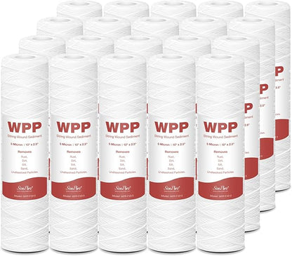 SimPure 5 Micron 10" x 2.5" String Wound Sediment Whole House Water Filter Cartridge for Well Water, Replacement Filter Cartridge for Housing DB1025 AP110 (20 Pack)