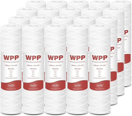 SimPure 5 Micron 10" x 2.5" String Wound Sediment Whole House Water Filter Cartridge for Well Water, Replacement Filter Cartridge for Housing DB1025 AP110 (20 Pack)