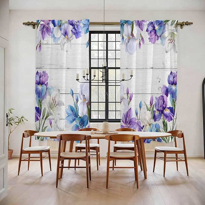 Spring Flowers Kitchen Curtains, Watercolor Garden Florals Wooden Grain Light Filtering Window Curtain Panels, 2Pcs Rod Pocket Window Treatments Set for Living Room Bathroom Bedroom 52x72 Inches