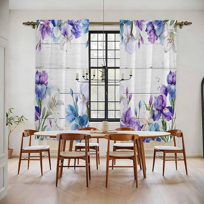 Spring Flowers Kitchen Curtains, Watercolor Garden Florals Wooden Grain Light Filtering Window Curtain Panels, 2Pcs Rod Pocket Window Treatments Set for Living Room Bathroom Bedroom 52x72 Inches