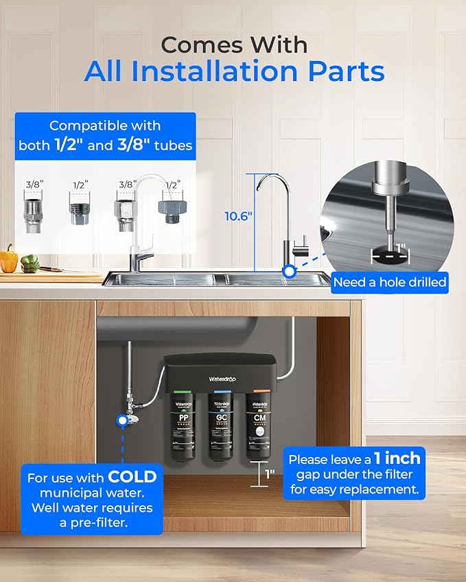 Waterdrop TSB-CM Under Sink Water Filter System Reduce Chloramine, Chlorine for CA, FL and Washington, D.C., Under Sink Water Filtration System with Brushed Nickel Faucet,NSF/ANSI 42 Certified Element