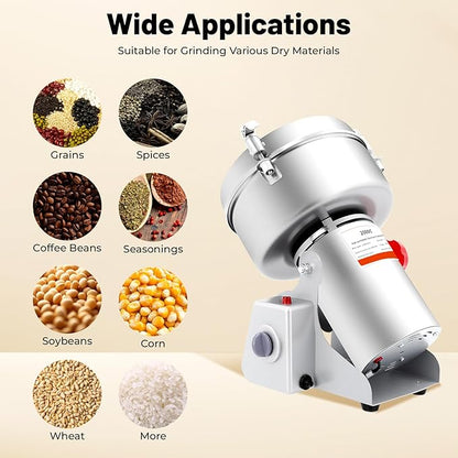 Electric Grain Mill, 2500g Capacity High-speed Grain Mill Grinder, Food-grade Stainless Steel Cereals Corn Flour Pulverizer Powder Machine for Dry Spice Herbs Grains Coffee Rice Pepper