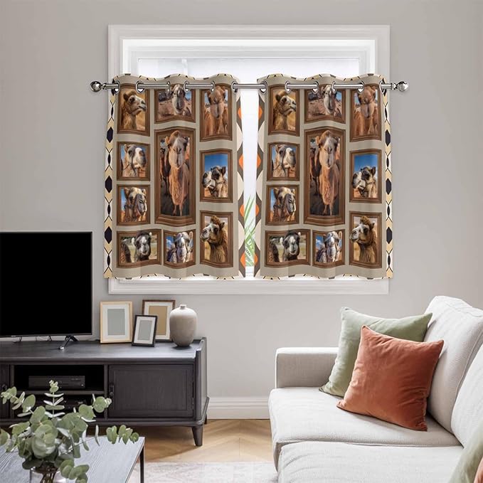 2 Panel Kitchen Cafe Curtains, Desert Camels Sunlight Filtering Nature Air Through, Home Decor Window Covering Tier Curtains for Bedroom Living Room Western Wildlife Brown Animals Country