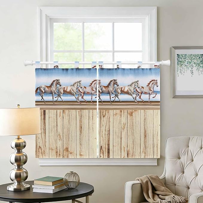 Western Horse Kitchen Curtains 45 Inch Length, Short Cafe Window Curtains Tab Top, Farmhouse Wooden Grain Vintage Cowboy Barn Door Light Filtering Window Treatments Tier Drapes 27.5"x45" 2 Panel