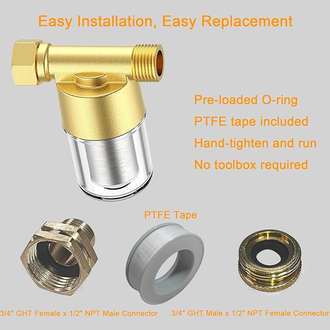 40 Micron Brass Sediment Filter, Inline Spin Down Sediment Water Filter for Washer, Washing Machine, Shower, Garden Hose, Well Water, Anti Clogging & Reusable with Pipe Sealant Tape