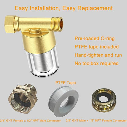 40 Micron Brass Sediment Filter, Inline Spin Down Sediment Water Filter for Washer, Washing Machine, Shower, Garden Hose, Well Water, Anti Clogging & Reusable with Pipe Sealant Tape