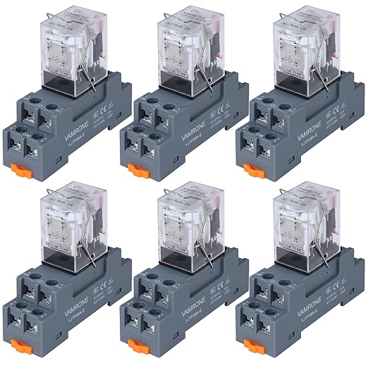 6PCS Electromagnetic Power Relay, 8-Pin 10 AMP 110/120V AC Relay Coil with Socket Base, LED Indicator, DPDT 2NO 2NC - MY2NJ [Applicable for DIN Rail System]
