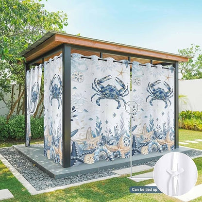 Oceans Outdoor Curtains for Patio Crabs Marine Life Shell Starfish Blue Waterproof Outside Curtains with Grommet Top Weatherproof Curtain for Cabana Pergola Gazebo, 1 Panel, 54" W x 95" L