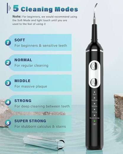 Plaque Remover for Teeth, Dental Cleaning Kit Tartar Remover for Teeth with LED Light & 5 Modes, Rechargeable Dental Cleaner, 4 Replaceable Heads
