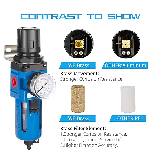 NANPU 3/4" NPT Compressed Air Filter Regulator Combo Piggyback, 5 Micron Brass Element, Poly Bowl, Manual Drain, Metal Bracket, 0-150 psi Gauge- AW4000-06M