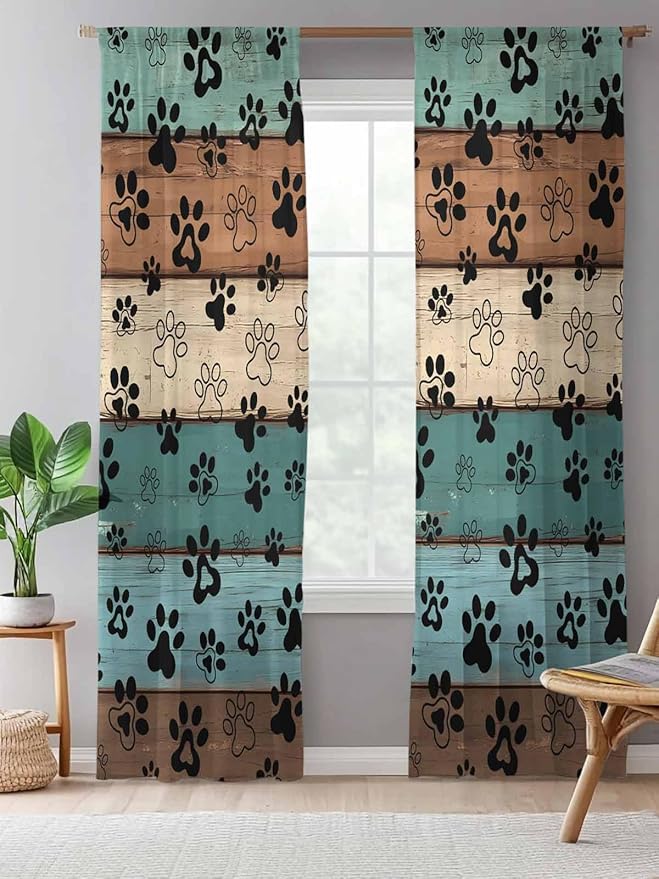 Sheer Curtains 96 Inches Long, Green Brown Paw Print Semi Sheer Curtains Light Filtering Window Treatment, Vintage Farmhouse Country Wooden Grain Privacy Voile Drapes for Living Room 52x96 Inch