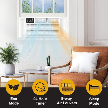 Whirlpool 8,000 BTU Window Air Conditioner with Supplemental Heat, Window Mounted AC Unit with Heater for Apartment, Living Room, Bedroom, Rooms up to 350 Square Feet