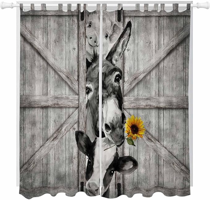 Funny Farm Animals Living Room Curtains 84 Inch Length, Window Curtains Tab Top, Vintage Barn Grey Sunflowers Light Filtering Window Treatments Drapes 52"x84" 2 Panel