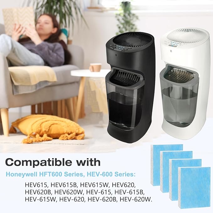 HFT600 Humidifier Wick Filter, for Honeywell Top Fill Tower Humidifier HEV615 HEV620 Series, Compared to Part HFT600T HFT600PDQ Wicking Filter, Replacement Filter T, Blue, 4 Pack