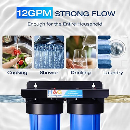 H&G Lifestyles Whole House Water Filter System,Iron Filter for Well Water,2-Stage Water Softener Filtration System, Eliminate Sulfur Smell in Well Water,10" x 4.5" Cartridge,1" Barb Brass Adapter