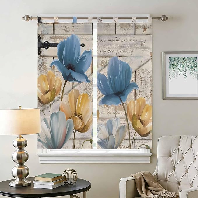Blue Yellow Tulips Bedroom Curtains 72 Inch Length, Window Curtains Tab Top, Retro Farmhouse Flower Barn Doors Wooden Light Filtering Window Treatments Drapes 52"x72" 2 Panel