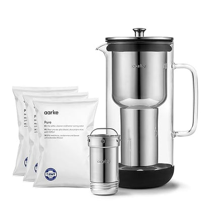Aarke Purifier Regular 1.18L Glass Pitcher Bundle w/Steel Filter, BPA-Free, 4 Pure Refill Granules - Filters Heavy Metals
