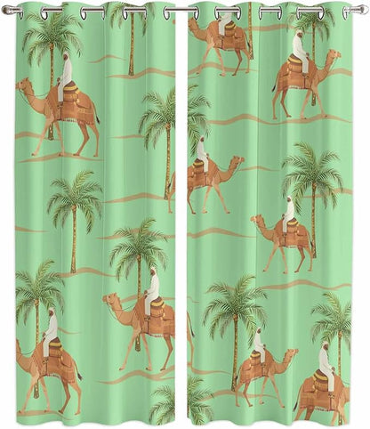 2 Panel Kitchen Cafe Curtains, Desert Camels Sunlight Filtering Nature Air Through, Home Decor Window Covering Tier Curtains for Living Room 104W x 96L inch Tropical Date Palm Trees Animal Green