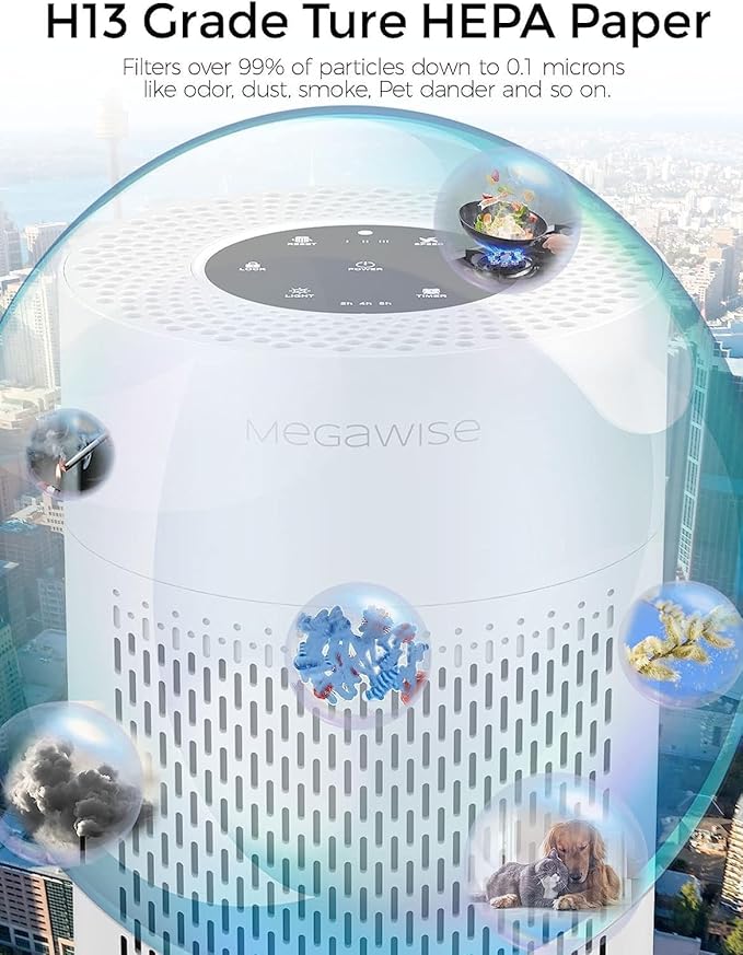 MEGAWISE True HEPA Air Purifier EPI235A, 3-Stage Filtration, Quiet 24dB Operation, Manages Airborne Particulates & Pet Hair , Perfect for 215 sq ft Rooms, White