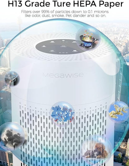 MEGAWISE True HEPA Air Purifier EPI235A, 3-Stage Filtration, Quiet 24dB Operation, Manages Airborne Particulates & Pet Hair , Perfect for 215 sq ft Rooms, White