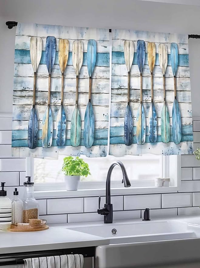Sheer Curtains 54 Inch Length, Lake Paddle Striped Semi Sheer Curtains Light Filtering Window Treatment, Watercolor Vintage Wood Grain Privacy Voile Drapes for Living Room Bedroom 52x54 Inch