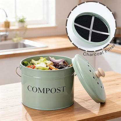 Compost Bin for Kitchen Counter, 1 Gallon Compost Bucket with Lid and Charcoal Filter, Countertop Composter, Rust Proof Indoor Food Waste Bin, Green