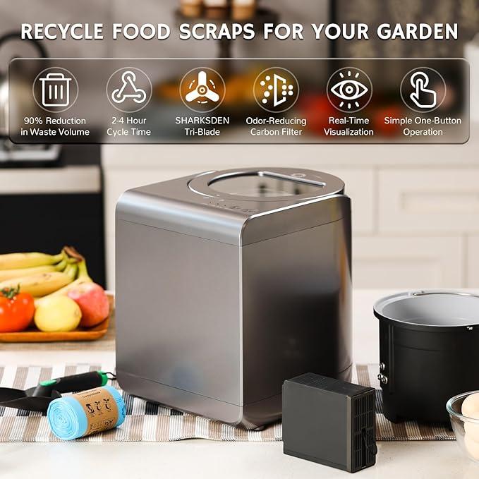 Airthereal Revive Electric Kitchen Composter with Visual Glass Cover, Upgraded SHARKSDEN Tri-Blade, Turn Food Waste and Scraps into Natural Fertilizer for Plants, R500-V, Grey