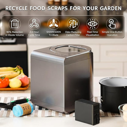 Airthereal Revive Electric Kitchen Composter with Visual Glass Cover, Upgraded SHARKSDEN Tri-Blade, Turn Food Waste and Scraps into Natural Fertilizer for Plants, R500-V, Grey