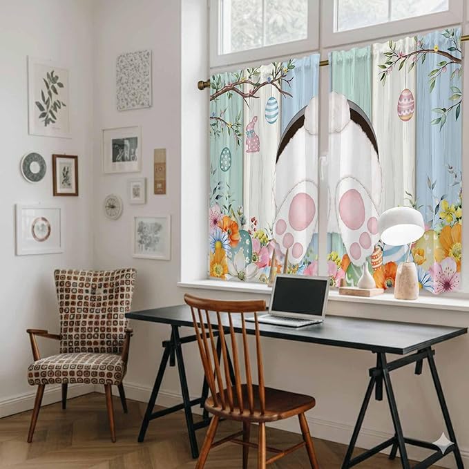Easter Kitchen Curtains 54 Inch Long 2 Panel Set,Rod Pocket Window Curtains Panels,Spring Watercolor Bunny Eggs Wood Grain Teal Blue Light Filtering Drapery Draperies for Bathroom Bedroom 52"W x 54"L