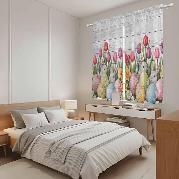 Easter Window Curtains 63 Inch Long 2 Panel Set, Rod Pocket Bedroom Curtains & Drapes, Retro Spring Bunny Eggs Tulip Farm Wooden Grain Light Filtering Window Treatment for Living Room 42"W x 63"L