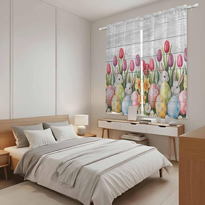 Easter Window Curtains 63 Inch Long 2 Panel Set, Rod Pocket Bedroom Curtains & Drapes, Retro Spring Bunny Eggs Tulip Farm Wooden Grain Light Filtering Window Treatment for Living Room 42"W x 63"L