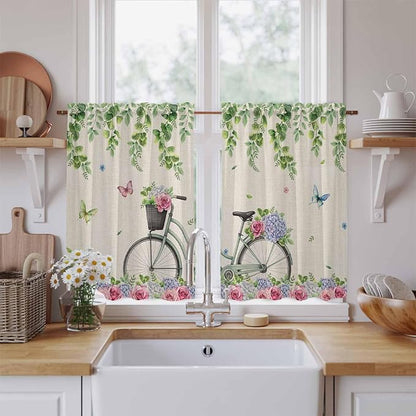 Farmhouse Spring Kitchen Curtains, Retro Bicycles Flowers Vines Butterfly Light Filtering Window Curtain Panels, 2Pcs Rod Pocket Window Treatments Set for Cabin Bathroom Bedroom 52x45 Inches
