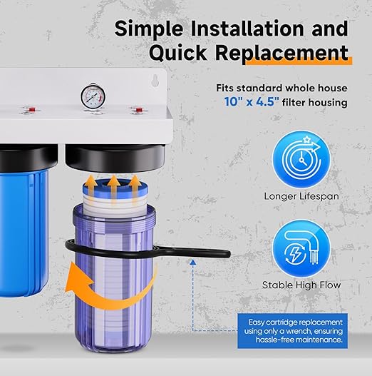 PUREPLUS 2-Stage Whole House Water Filtration System, Reduces Chlorine, Odor, Heavy Metals & Rust, 10"x4.5" Clear Housing, 1" Inlet/Outlet, PP Grooved Sediment&KDF Carbon Filters, With Pressure Gauges