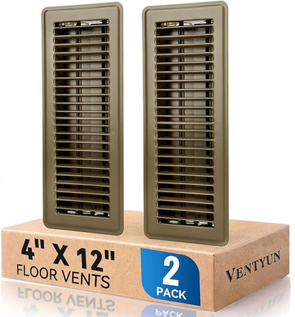 4" x 12" Floor Register Vent Covers 2-Pack, Walkable Powder-Coated Metal Vent Covers with Adjustable Airflow, Curved Safe Edges for Floor/Wall, Brown