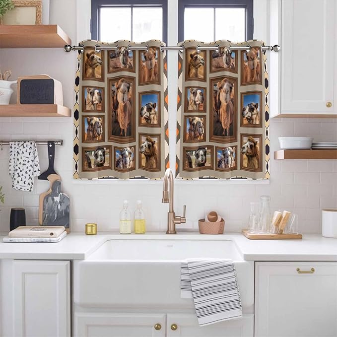 2 Panel Kitchen Cafe Curtains, Desert Camels Sunlight Filtering Nature Air Through, Home Decor Window Covering Tier Curtains for Bedroom Living Room Western Wildlife Brown Animals Country