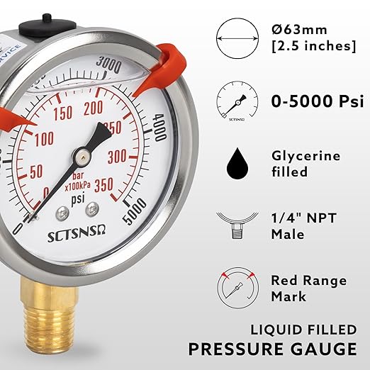 0 to 5000 Psi Hydraulic Pressure Gauge, Glycerin Liquid Filled, 2.5 inch Dial, 1/4" NPT Lower Mount, Stainless Steel Case, for Regulator, HVAC System, Beer Keg, Brew Setup，High Pressure Test