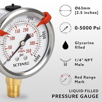 0 to 5000 Psi Hydraulic Pressure Gauge, Glycerin Liquid Filled, 2.5 inch Dial, 1/4" NPT Lower Mount, Stainless Steel Case, for Regulator, HVAC System, Beer Keg, Brew Setup，High Pressure Test