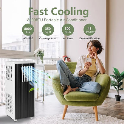 Portable AC Unit with 8000 BTU Cooling, Remote Control & 24-Hour Programmable Timer, Low-Noise Design for Rooms Up to 350 Sq.Ft, Ideal for Dorm or Office Use, Black and White Design