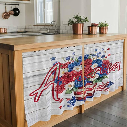 Independence Day Kitchen Tier Curtains 24 Inch Long 2 Panel Set,Rod Pocket Cafe Small Window Curtains Over Sink,4 of July Rose Wooden Grain Vintage Light Filtering Short Drapes 27.5"W x 24"L
