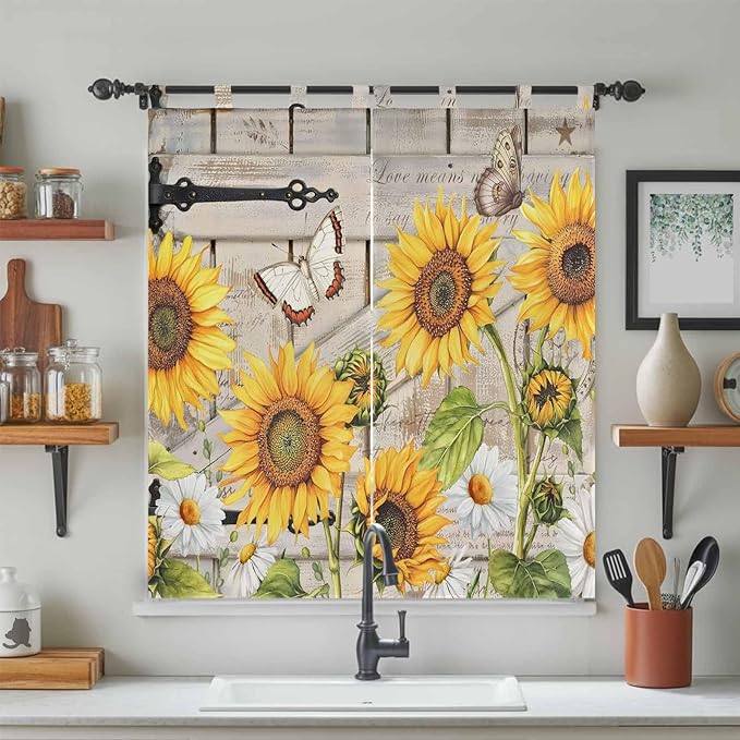 Farm Flowers Living Room Curtains 84 Inch Length, Window Curtains Tab Top, Retro Sunflowers Barn Doors Butterfly Wood Board Light Filtering Window Treatments Drapes 42"x84" 2 Panel