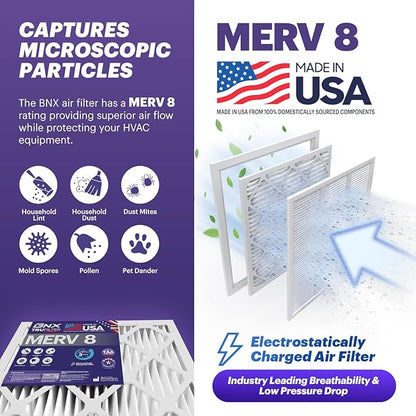 BNX TruFilter 20x25x1 Air Filter MERV 8 (4 Pack) - MADE IN USA – Dust & Pet Defense Electrostatic Pleated Air Conditioner HVAC AC Furnace Filters for Dust, Pet, Mold, Pollen MPR 600 – 700 & FPR 5