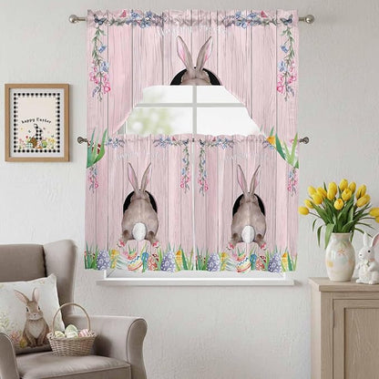 Swag Valance Curtains, Easter Cute Rabbit and Colorful Eggs Rod Pocket Valances Swag Topper for Kitchen Windows, Pink Farm Wooden Barn Light Filtering Short Curtain for Bedroom Bathroom 56x36In