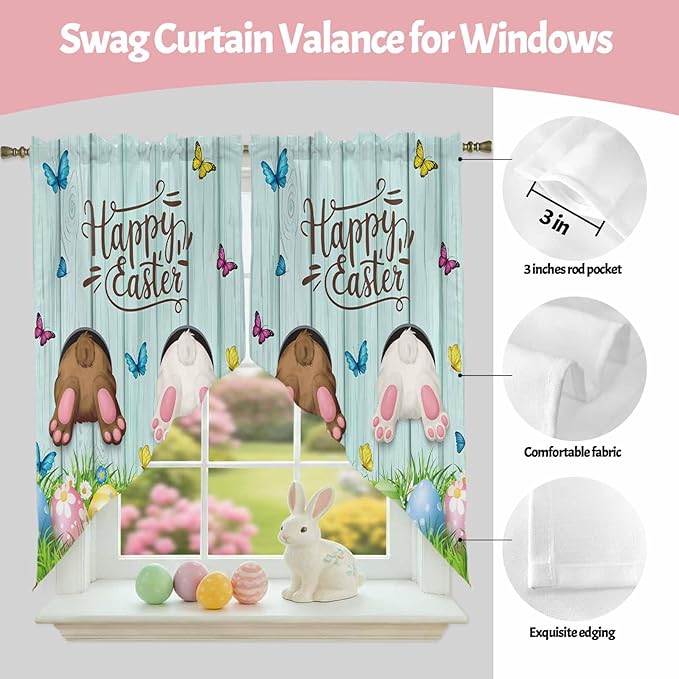 Swag Curtain Valances for Kitchen Windows,Happy Easter Bunny Butt Egg Floral Short Rod Pocket Window Valance,Spring Plant on Aqua Wood Swag Topper for Bedroom Living Room,2 Panels 36x63in