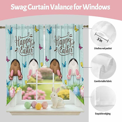Swag Curtain Valances for Kitchen Windows,Happy Easter Bunny Butt Egg Floral Short Rod Pocket Window Valance,Spring Plant on Aqua Wood Swag Topper for Bedroom Living Room,2 Panels 36x36in