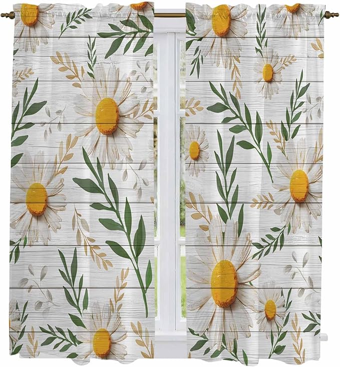 Spring Daisy Kitchen Curtains, Farmhouse Country Flower Leaf Plant Wood Grain Light Filtering Window Curtain Panels, 2Pcs Rod Pocket Window Treatments Set for Living Room Bathroom Bedroom 42x63 Inches