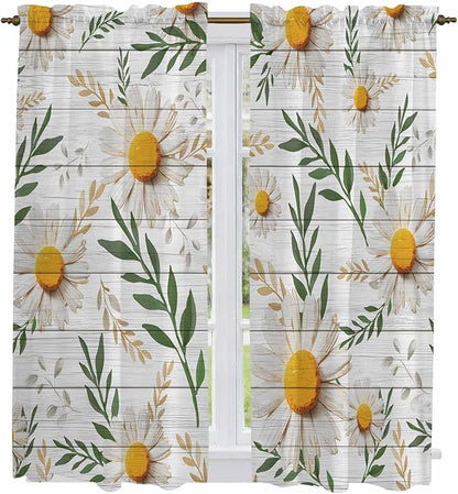 Spring Daisy Kitchen Curtains, Farmhouse Country Flower Leaf Plant Wood Grain Light Filtering Window Curtain Panels, 2Pcs Rod Pocket Window Treatments Set for Living Room Bathroom Bedroom 42x63 Inches